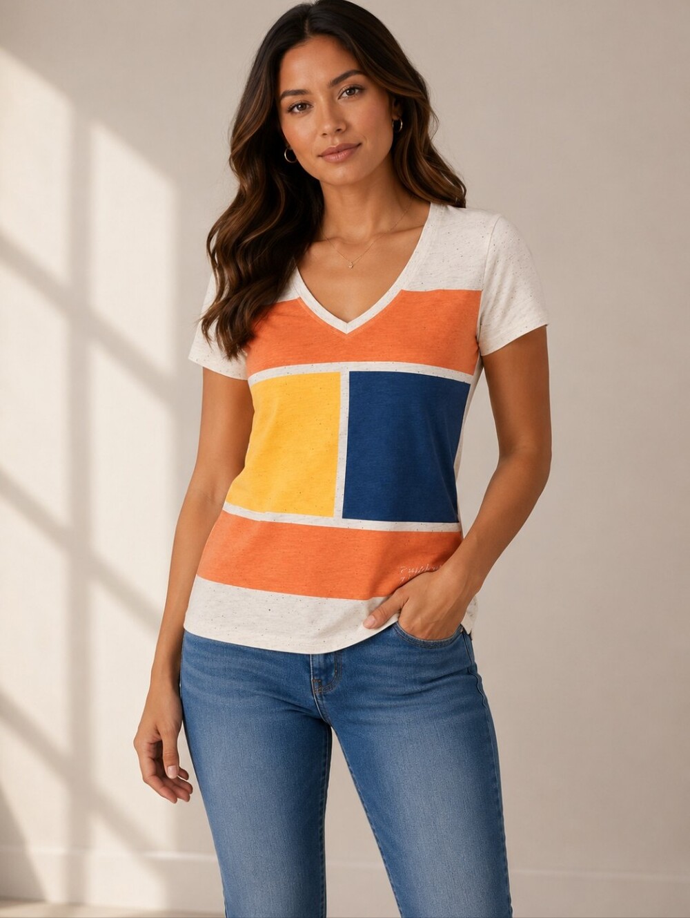 Tommy Hilfiger Medium Colorblock Flag Graphic Tee White Orange Navy V-Neck Tee